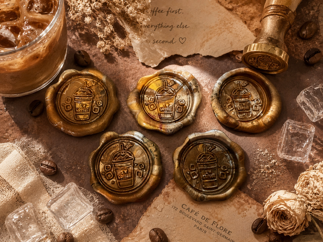 Café Oh Late - 21 pre-made wax seals in Caramel